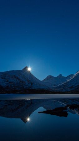 night, mountains, lake, 4k (vertical)