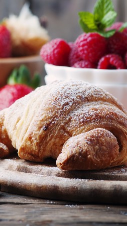 French croissants, fruit, berries, strawberry, raspberry, delicious, 4k (vertical)