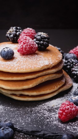 pancake, blueberry, berries, blackberry, raspberry, delicious, 4k (vertical)