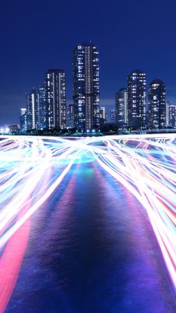 City, Light, Night, River, 4K, 8K (vertical)