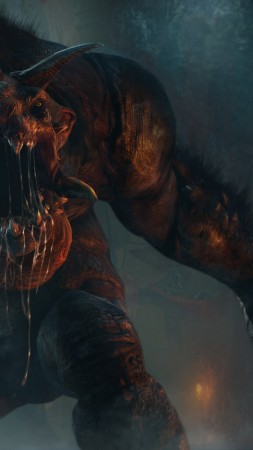 Middle-earth: Shadow of Mordor, 4k, HD wallpaper, The Lord of the Hunt, game, creature, monster, mouth, teeth, claws, cave, screenshot, 4k, 5k, PC, 2015 (vertical)