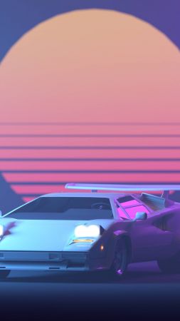 Retrowave, Purple, Lamborghini Countach, 4K (vertical)