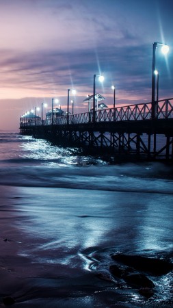 Ocean, pier, sky, night, 4K (vertical)