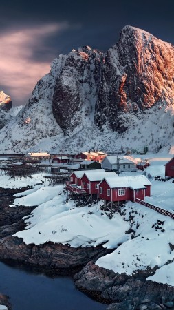 village, 4k, HD wallpaper, Hamnoy, Norway, sunset, water (vertical)