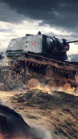 World of Tanks Blitz, game, tactic, mmo, tank, KV-1, battlefield, sparks, clouds, sky, battle, fire, screenshot, 4k, 5k, PC, 2015 (vertical)
