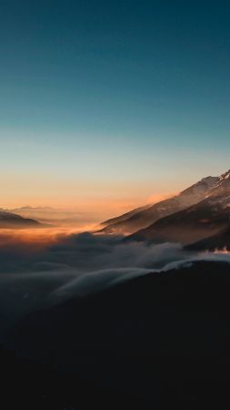 sunset, forest, mountains, 4K (vertical)