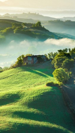 mountains, fog, sky, field, 4K (vertical)