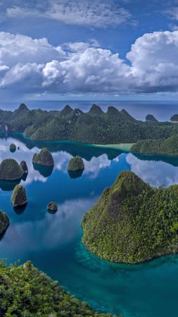 mountains, water, green, islands, 4K (vertical)