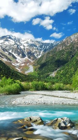 Kamikochi, mountains, Japan, river, blue, sky, 4K (vertical)