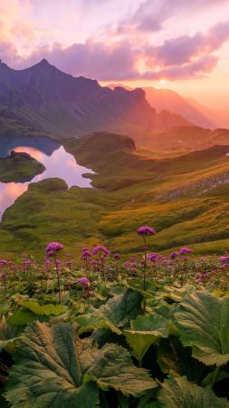 mountains, lake, sky, field, sunset, 4K (vertical)