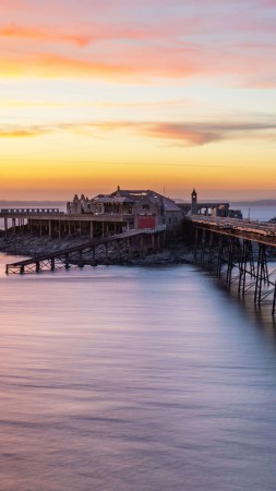 Birnbeck Pier, Bristol Channel, England, water, sky, sunset, 8K (vertical)