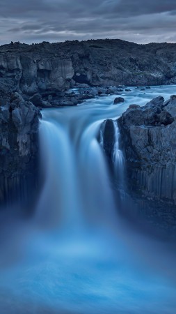 waterfall, dark, rocks, 5K (vertical)