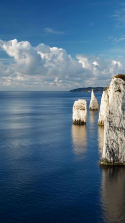 ocean, sky, clouds, rocks, island, 5K (vertical)