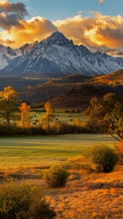 autumn, mountains, trees, sunset, sky, 5K (vertical)