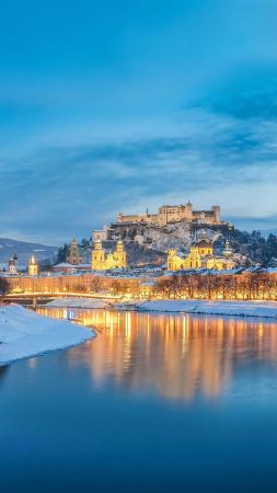 Europe, winter, town, snow, river, 4K (vertical)