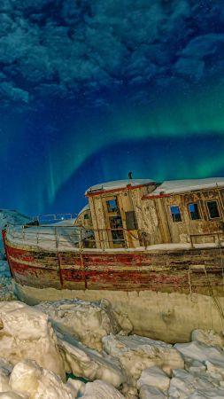 Norway, Europe, aurora, ship, ice, winter, 5K (vertical)