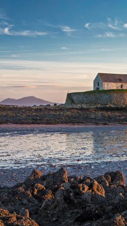 church, water, rocks, mountains, sky, 4K (vertical)