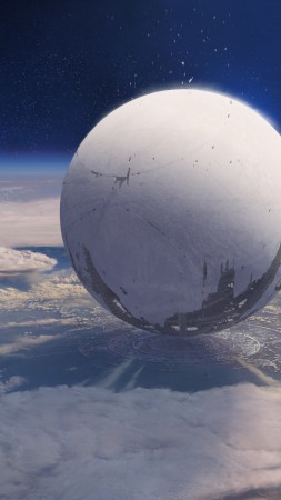 Destiny, game, MMOFPS, sci-fi, space, sphere, planet, spaceship, Exo, blue, screenshot (vertical)