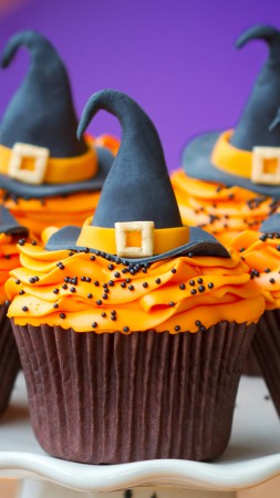 Cupcakes, Helloween, Witch Hats, desserts, pastries, cream, powdered, sugar, orange (vertical)