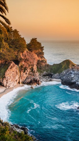 Pacific Ocean, 5k, 4k wallpaper, big sur, california, beach, mcway falls, sunset (vertical)