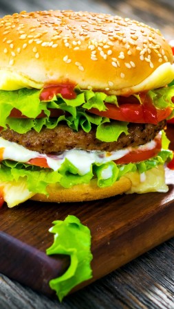 hamburger, tomato, salad, bun, burger, cheese. (vertical)