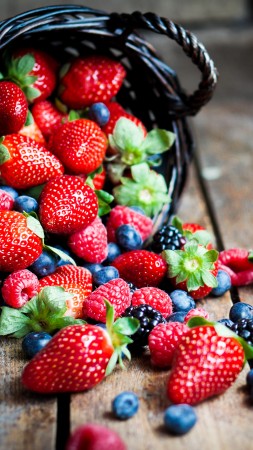 food, fruit, summer, berries, strawberry, raspberry, blackberry, basket. (vertical)