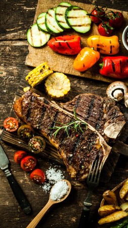 food, cooking, grill, vegetables, peppers, mushrooms, tomatoes, corn, potatoes, meat, steak, sauces. (vertical)