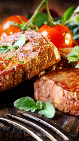 beef, steak, food, cooking, grill, vegetables, meal, meat, tomato leaves . (vertical)