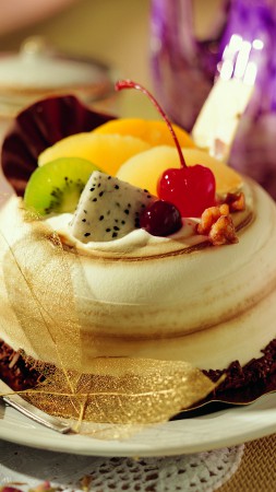 Cake, souffle, fruits, cherry, chocolate (vertical)