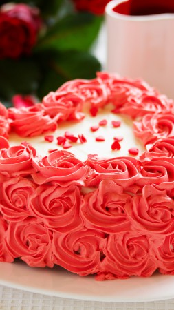 Cake, heart, roses, red, cream (vertical)