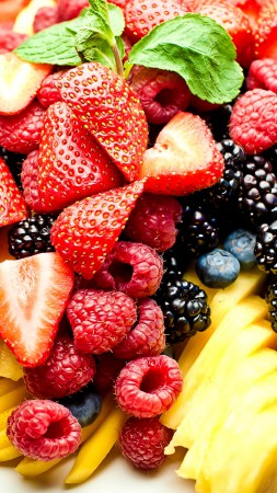 Fruits, berries, strawberry, raspberry, blackberries, kiwi (vertical)