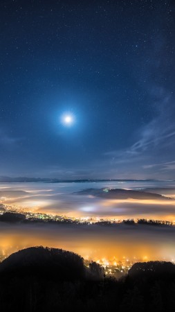 night sky, night city, earth, sky, stars, clouds, light, height, moon (vertical)