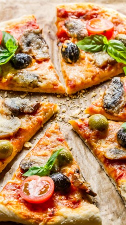 pizza, food, slices, olives, mushrooms, cherry tomatoes, basil (vertical)