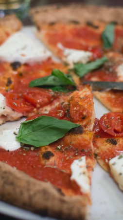 Pizza, tomato, mozzarella, basil (vertical)