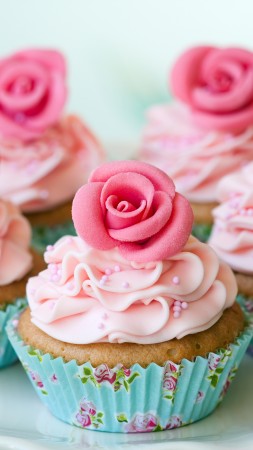 muffins, desserts, pastries, cream, powdered sugar, flowers, roses (vertical)