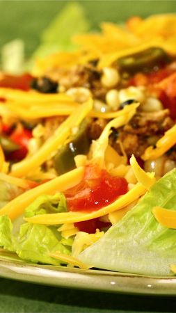 Taco salad, pasta, soybeans, asparagus, tomato (vertical)