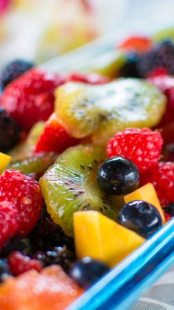 Hawaiian Fresh Fruit Salad, Raspberry, blueberry, kiwi, mango, blackberry, strawberry (vertical)