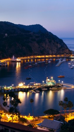 Santa Catalina Island, 5k, 4k wallpaper, California, ocean, sky, mountains, night, city, lights (vertical)