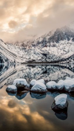 Convict Lake, 4k, HD wallpaper, Mount Morrison, California, Mountains, lake, river, sunset, ice, snow (vertical)