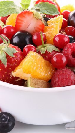 Fruit salad, orange, strawberry, blueberry, raspberry, mint (vertical)