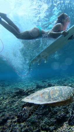 Surfing, girl, sea, underwater (vertical)