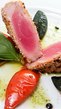 tuna, steak, fish, vegetables, peppers, eggplant, spinach, lime (vertical)