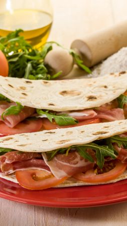 Tortilla, tomato, pita bread, bacon, flour (vertical)