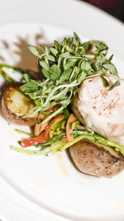 Medallions, arugula, potatoes, vegetables, gravy (vertical)