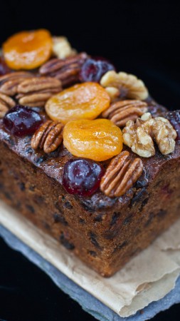 Loaf cakes, Christmas Cakes, holiday cookies, caramelized fruit, dried apricots, walnuts, raisin (vertical)