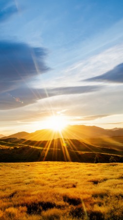 Meadows, HD, 4k wallpaper, mountains, sunset, sky, clouds (vertical)