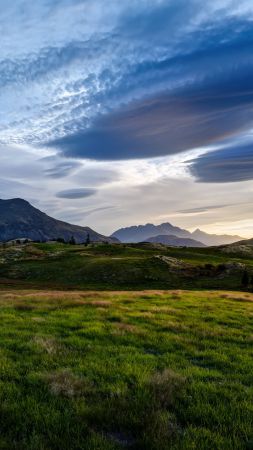 New Zealand, HD, 4k wallpaper, Mountains, meadows, clouds, sky (vertical)