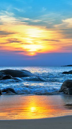 Sea, 5k, 4k wallpaper, 8k, Pacific ocean, Best Beaches in the World, shore, stones, sunset (vertical)