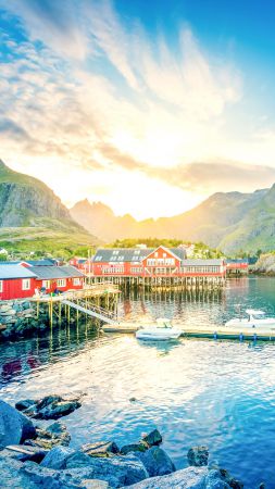 Lofoten, 5k, 4k wallpaper, 8k, Norway, lake, mountains, house (vertical)