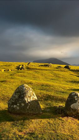 Meadows, 5k, 4k wallpaper, stones, clouds (vertical)